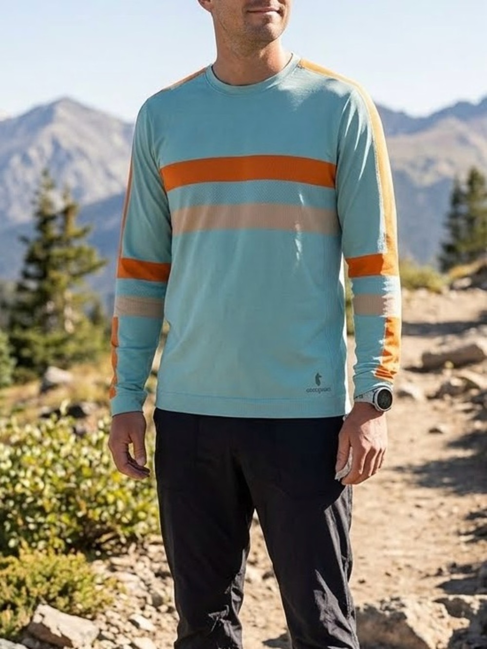 cotopaxi Light Blue Long-Sleeve baselayer with Orange & Beige Stripes